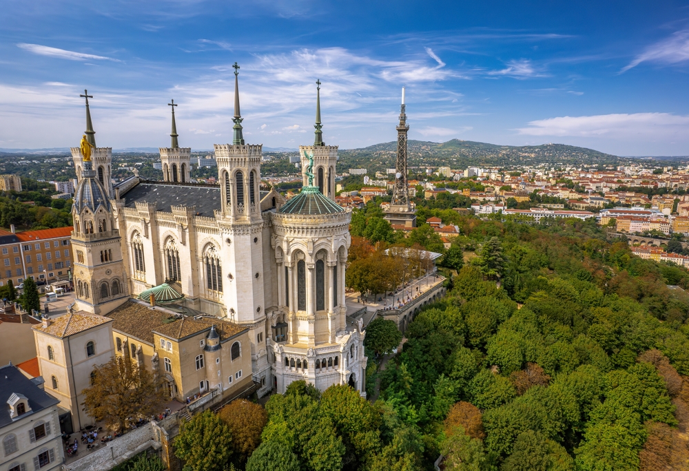 Aerial,View,Of,The,Basilica,Of,Notre dame,De,Fourvière,And