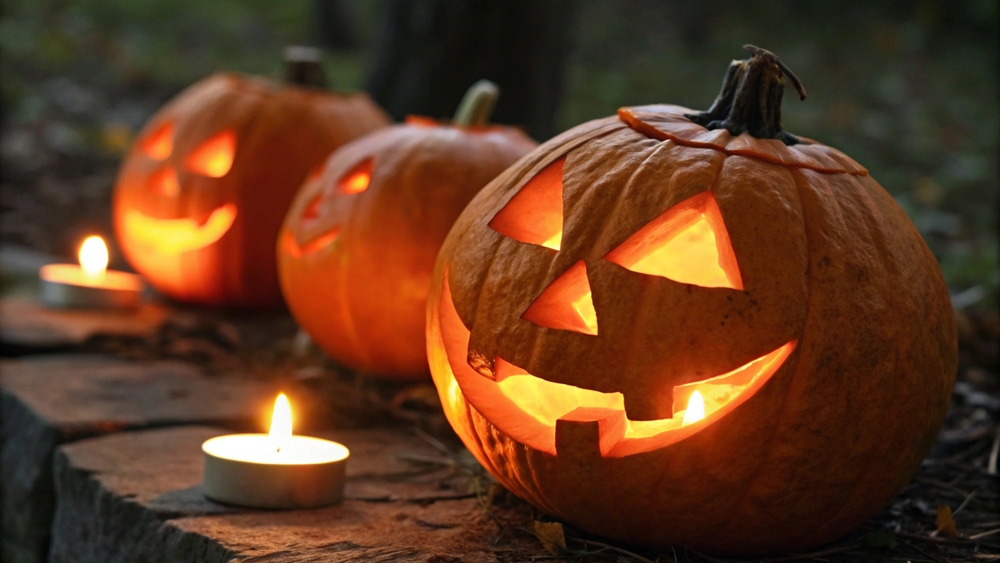 Three,Glowing,Halloween,Pumpkins,With,Carved,Faces,And,Lit,Candles,