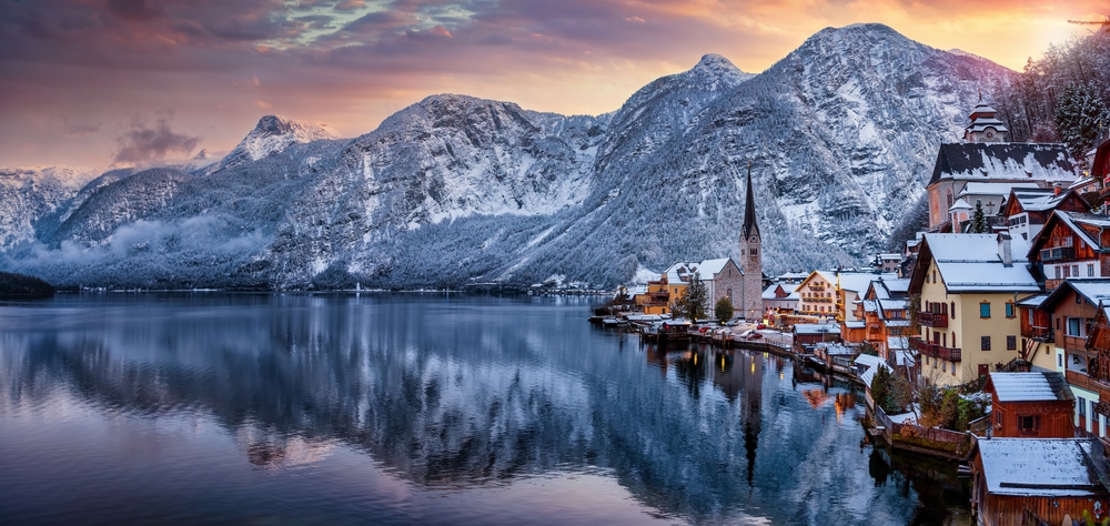 Panoramic,View,Of,The,Little,Village,Of,Hallstatt,,Austria,,During