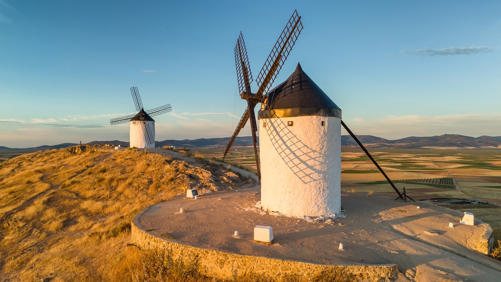 Aerial,View,Of,The,Historic,Windmills,Of,Consuegra,At,Sunrise,